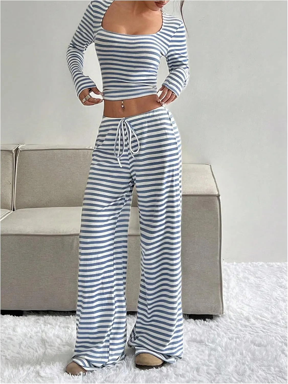 SOLY HUX Women's Striped 2 Piece Outfits Square Neck Long Sleeve Crop Tops and Wide Leg Pants Matching Sets