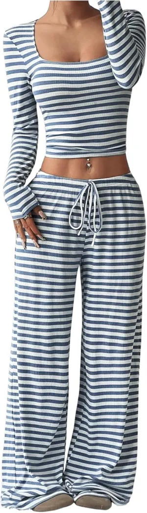 SOLY HUX Women's Striped 2 Piece Outfits Square Neck Long Sleeve Crop Tops and Wide Leg Pants Matching Sets
