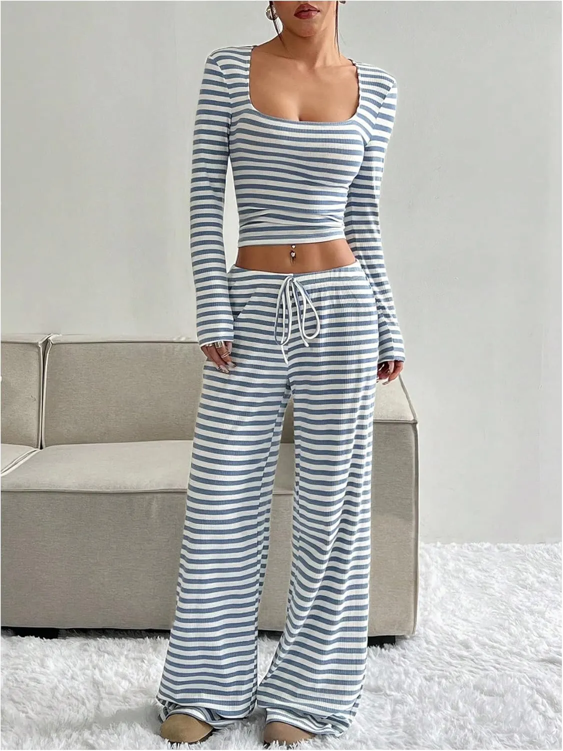 SOLY HUX Women's Striped 2 Piece Outfits Square Neck Long Sleeve Crop Tops and Wide Leg Pants Matching Sets