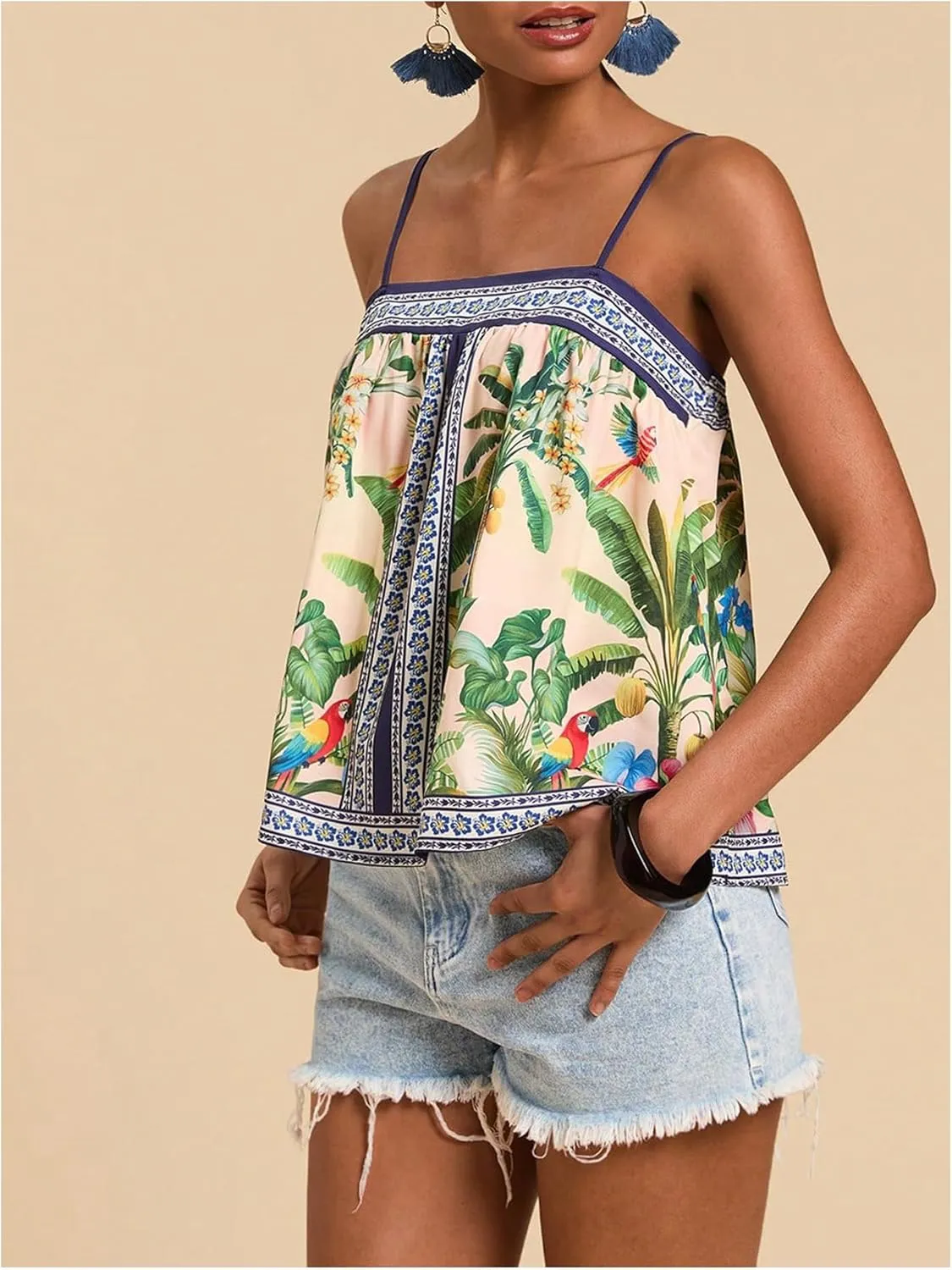 SOLY HUX Women's Tropical Floral Print Cami Top Spaghetti Strap Boho Vacation Summer Tops Camisole