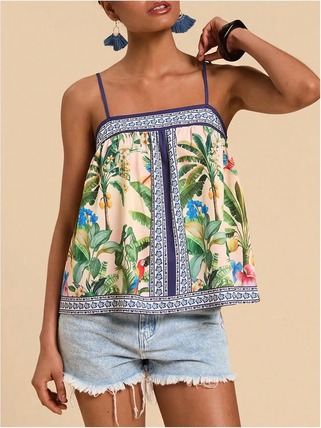 SOLY HUX Women's Tropical Floral Print Cami Top Spaghetti Strap Boho Vacation Summer Tops Camisole