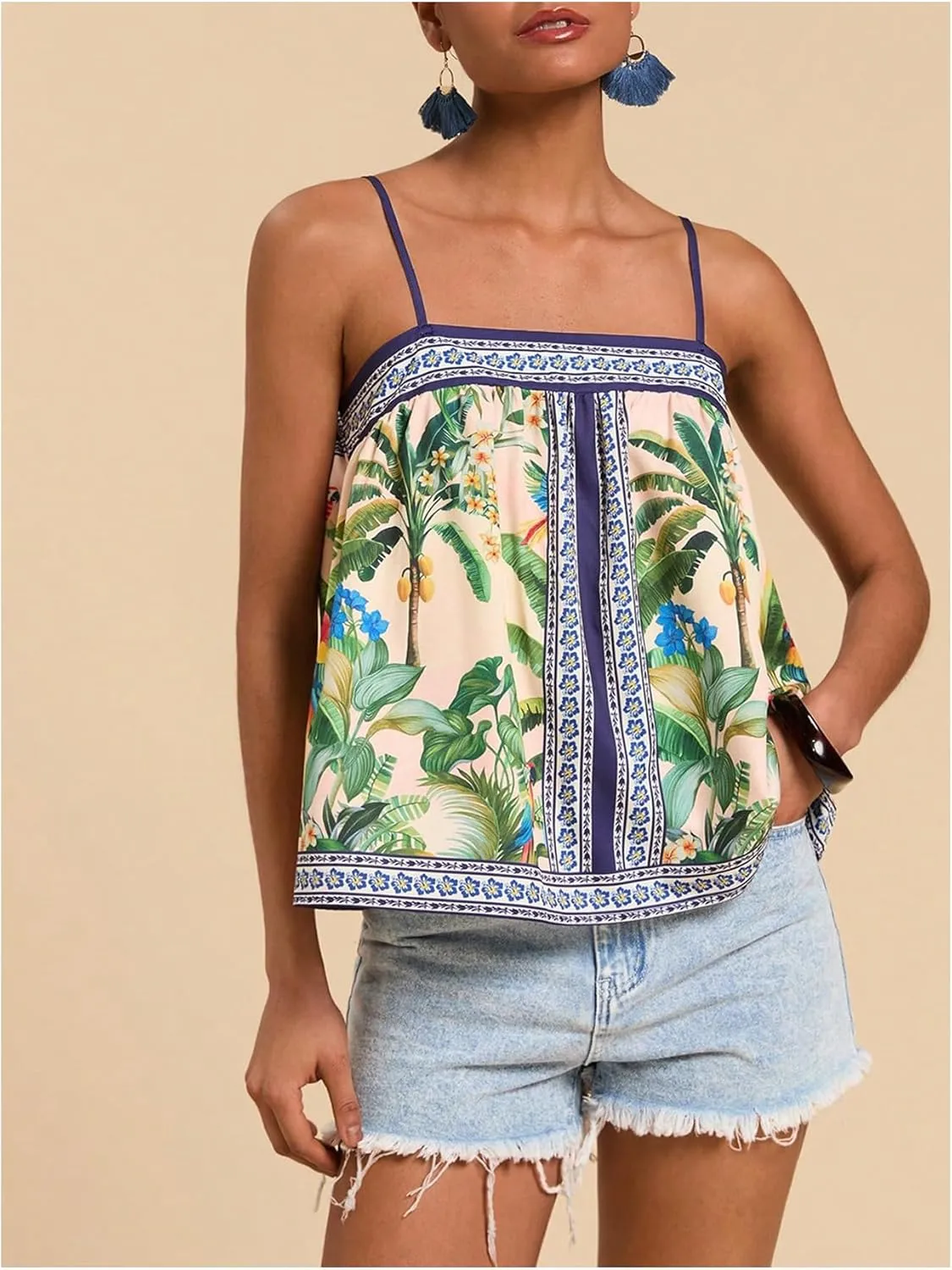 SOLY HUX Women's Tropical Floral Print Cami Top Spaghetti Strap Boho Vacation Summer Tops Camisole