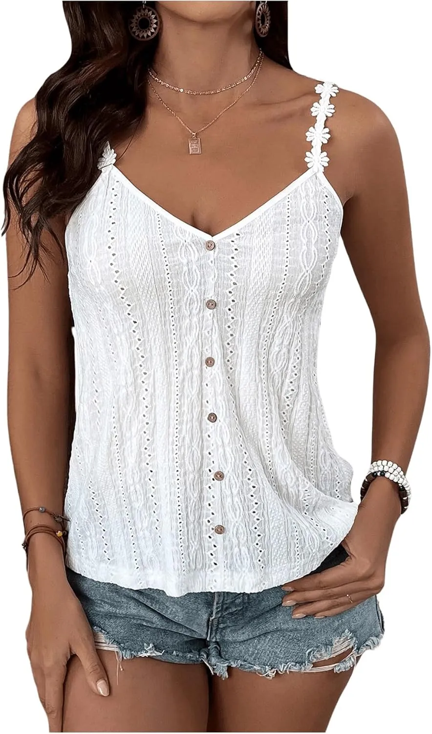 SOLY HUX Women's V Neck Lace Strappy Cami Top Button Front Summer Going Out Camisole Tops