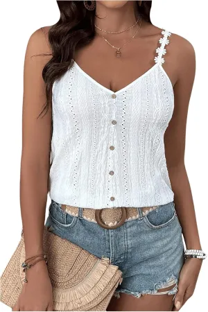 SOLY HUX Women's V Neck Lace Strappy Cami Top Button Front Summer Going Out Camisole Tops