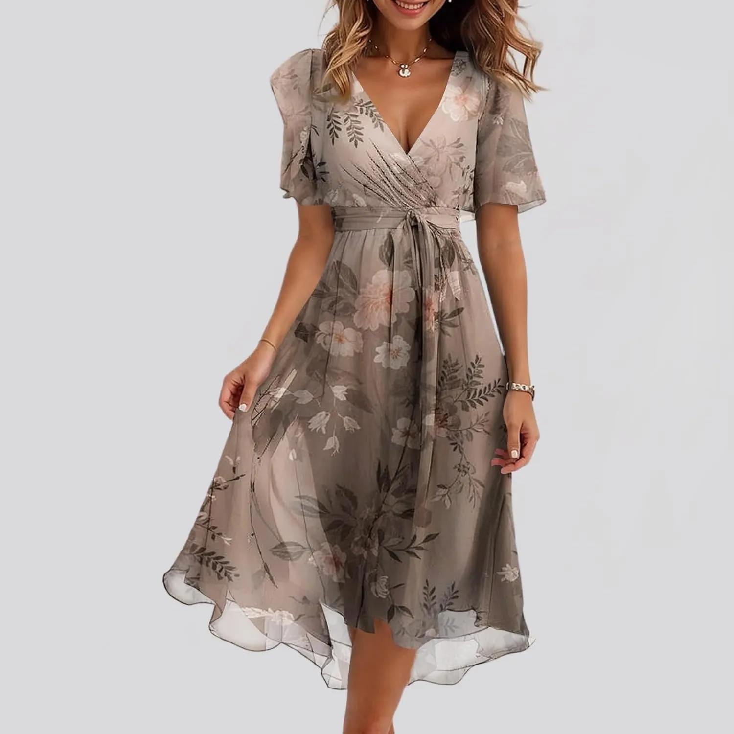 Summer Chiffon Dresses for Women Formal Elegant V Neck Wrap Floral Midi Dress Flowy Belted Short Sleeve Prom Dresses