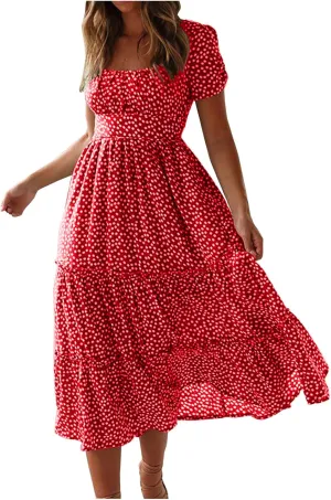 Summer Maxi Dresses for Women 2025 Square Neck Floral Print Sundress Beach Vacation Trendy Ruffle Swing Formal Dress