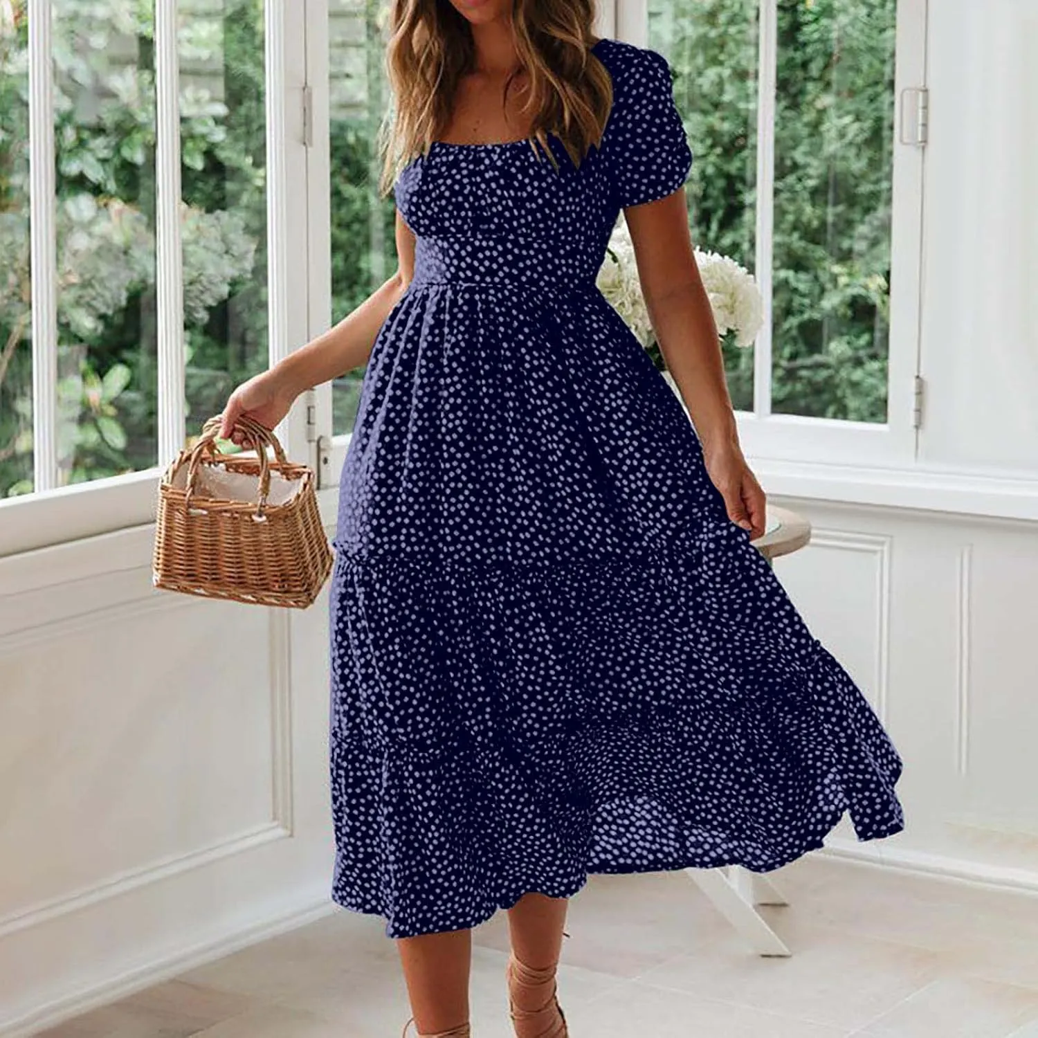 Summer Maxi Dresses for Women 2025 Square Neck Floral Print Sundress Beach Vacation Trendy Ruffle Swing Formal Dress