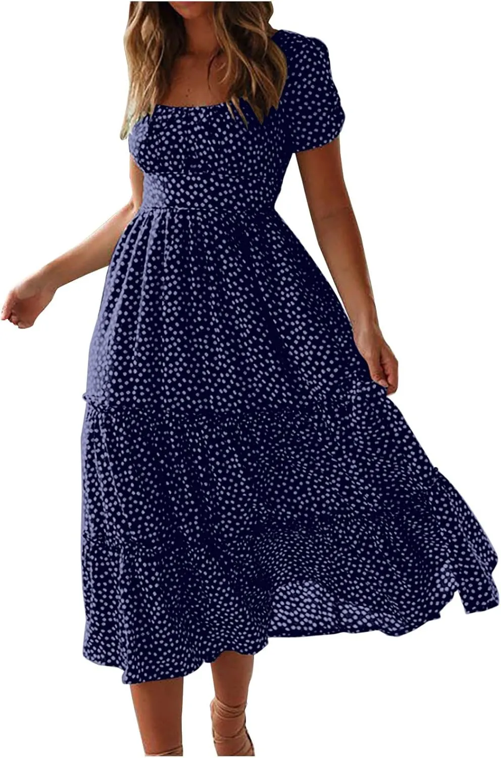 Summer Maxi Dresses for Women 2025 Square Neck Floral Print Sundress Beach Vacation Trendy Ruffle Swing Formal Dress