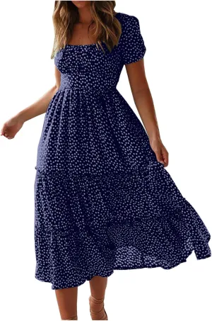 Summer Maxi Dresses for Women 2025 Square Neck Floral Print Sundress Beach Vacation Trendy Ruffle Swing Formal Dress