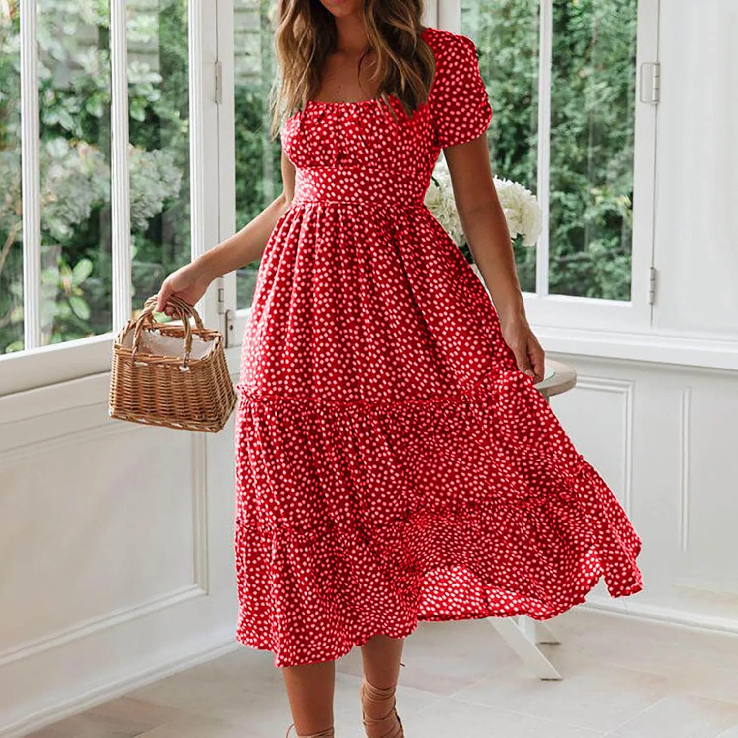 Summer Maxi Dresses for Women 2025 Square Neck Floral Print Sundress Beach Vacation Trendy Ruffle Swing Formal Dress