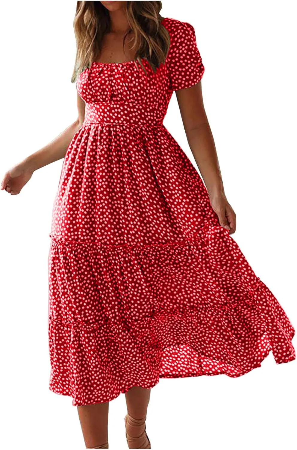 Summer Maxi Dresses for Women 2025 Square Neck Floral Print Sundress Beach Vacation Trendy Ruffle Swing Formal Dress