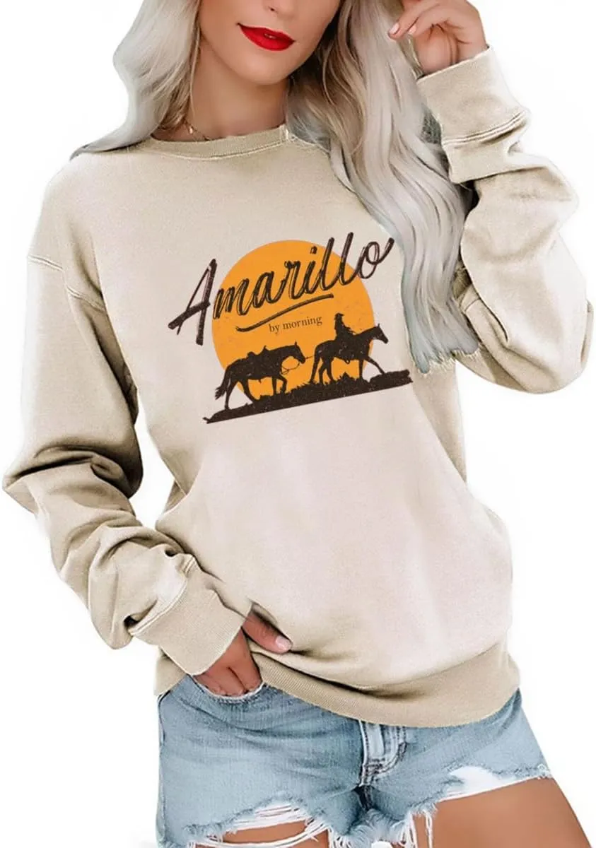 SurBepo Women Vintage Rock Roll Country Music Band Sweatshirts Fall Long Sleeve Graphic Pullover Tops
