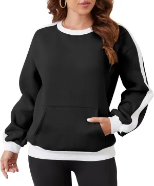 Sureple Women'S Fleece Sweatshirts Color Block Ribbed Crewneck Long Sleeve Pullover Tops Fall Winter Clothing With Pockets