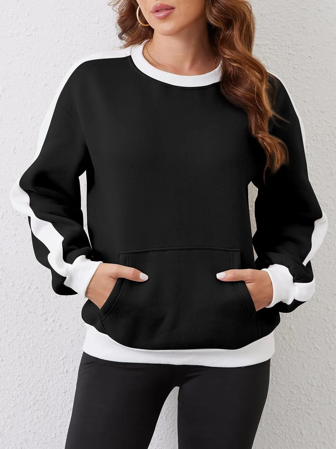 Sureple Women'S Fleece Sweatshirts Color Block Ribbed Crewneck Long Sleeve Pullover Tops Fall Winter Clothing With Pockets