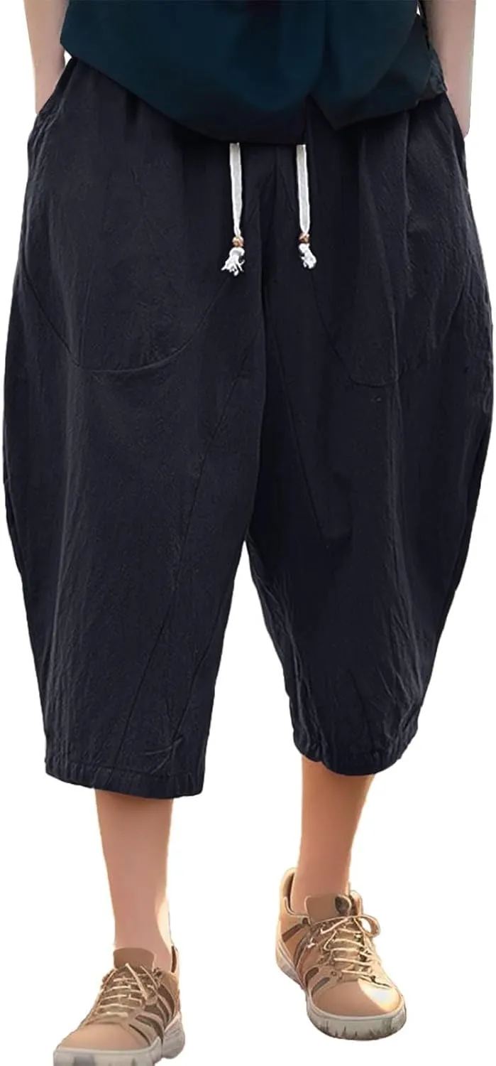 SUWBMHWE Japanese Clothes for Men Linen Harem Pants Beach Casual Comfy Yoga Mens Any Occasion with Pockets Boho Lounge