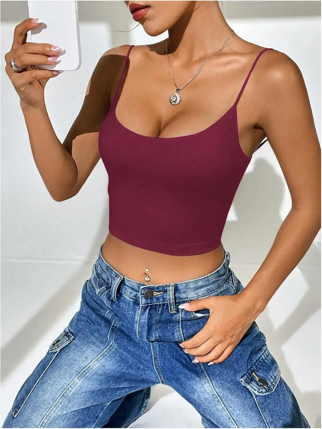 SweatyRocks Women's Basic Spaghetti Strap Scoop Neck Backless Slim Fit Camisole Crop Top