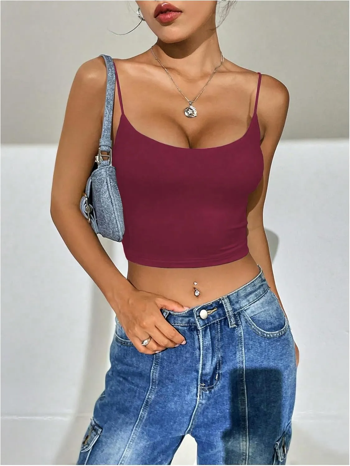 SweatyRocks Women's Basic Spaghetti Strap Scoop Neck Backless Slim Fit Camisole Crop Top