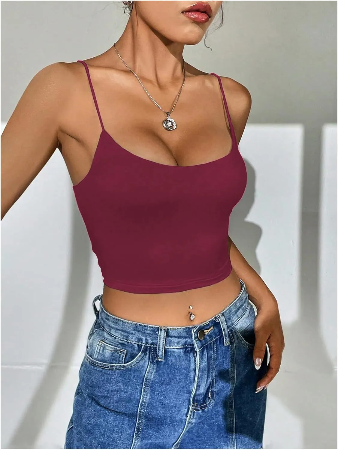 SweatyRocks Women's Basic Spaghetti Strap Scoop Neck Backless Slim Fit Camisole Crop Top