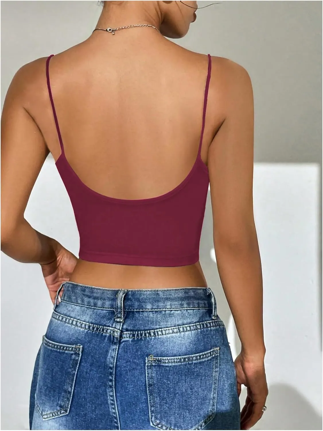 SweatyRocks Women's Basic Spaghetti Strap Scoop Neck Backless Slim Fit Camisole Crop Top