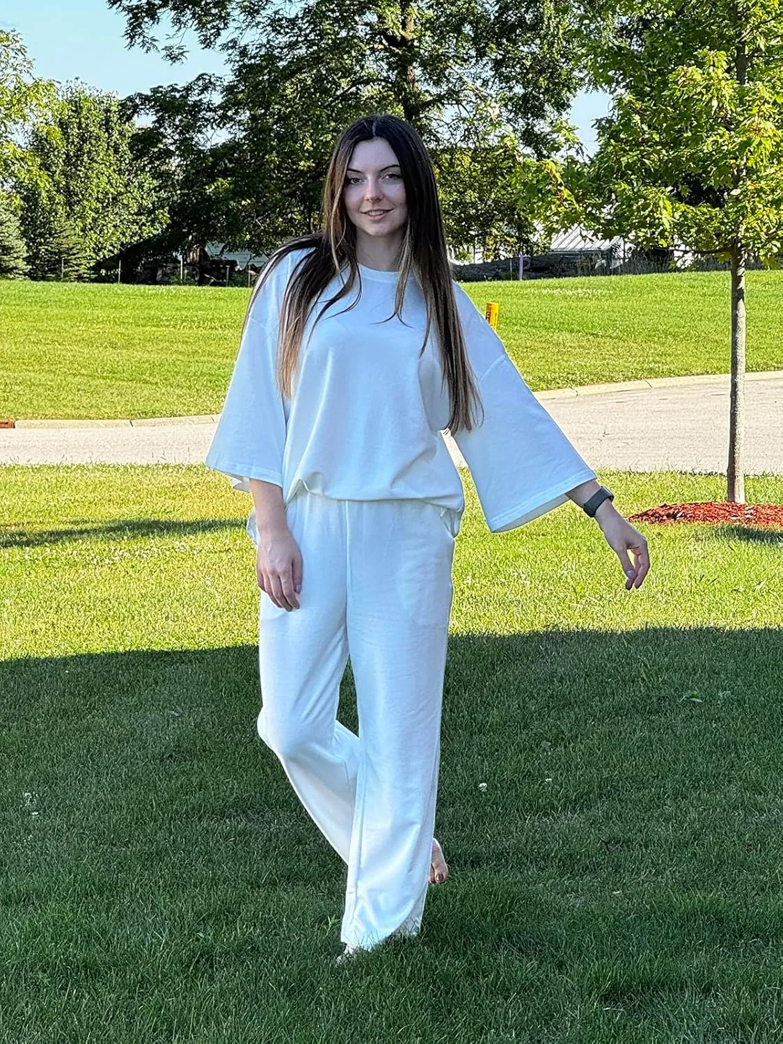 Tankaneo Womens Pajama Sets 3/4 Sleeve Oversized Tops and Elastic Waist Pants Casual Lounge Sets Loungewear