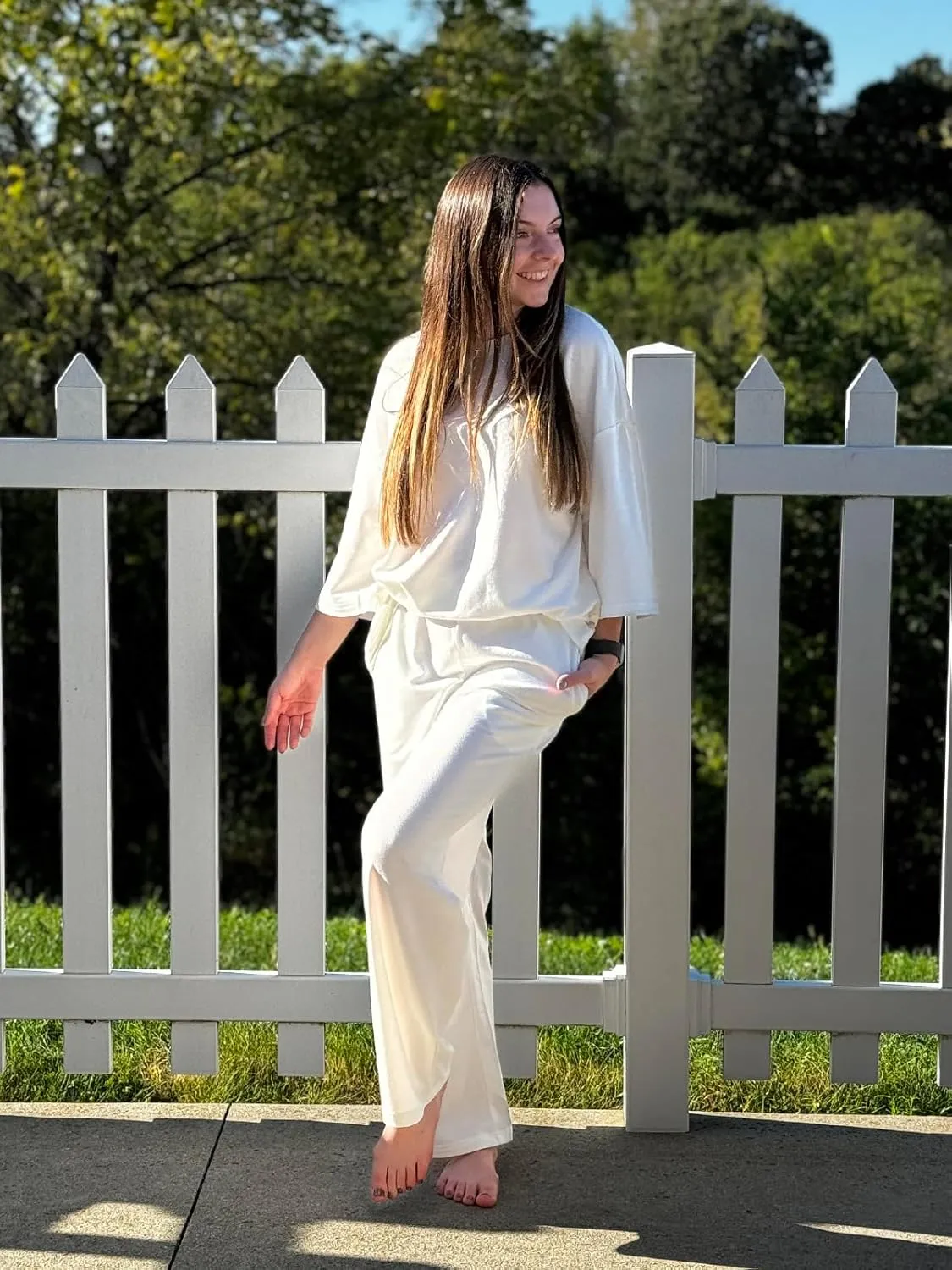 Tankaneo Womens Pajama Sets 3/4 Sleeve Oversized Tops and Elastic Waist Pants Casual Lounge Sets Loungewear