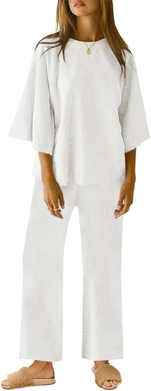 Tankaneo Womens Pajama Sets 3/4 Sleeve Oversized Tops and Elastic Waist Pants Casual Lounge Sets Loungewear