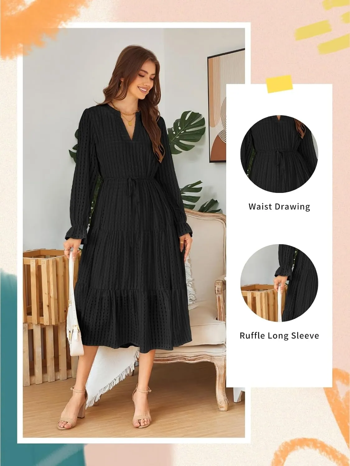 Theenkoln Womens Casual Midi Dress: Long Sleeve V-Neck Empire Waist Gingham Spring Fashion Long Trendy Tiered Formal Dresses