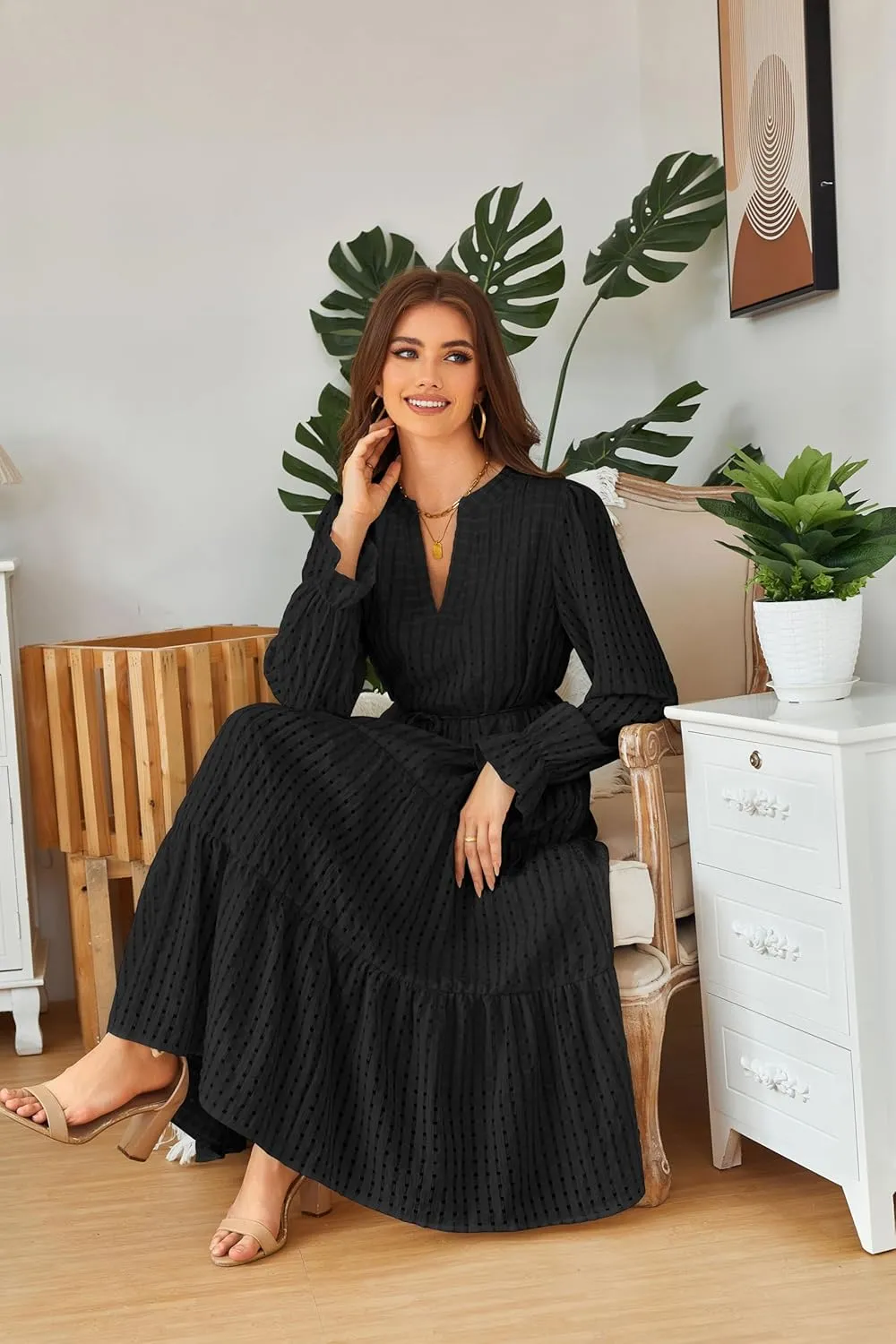 Theenkoln Womens Casual Midi Dress: Long Sleeve V-Neck Empire Waist Gingham Spring Fashion Long Trendy Tiered Formal Dresses