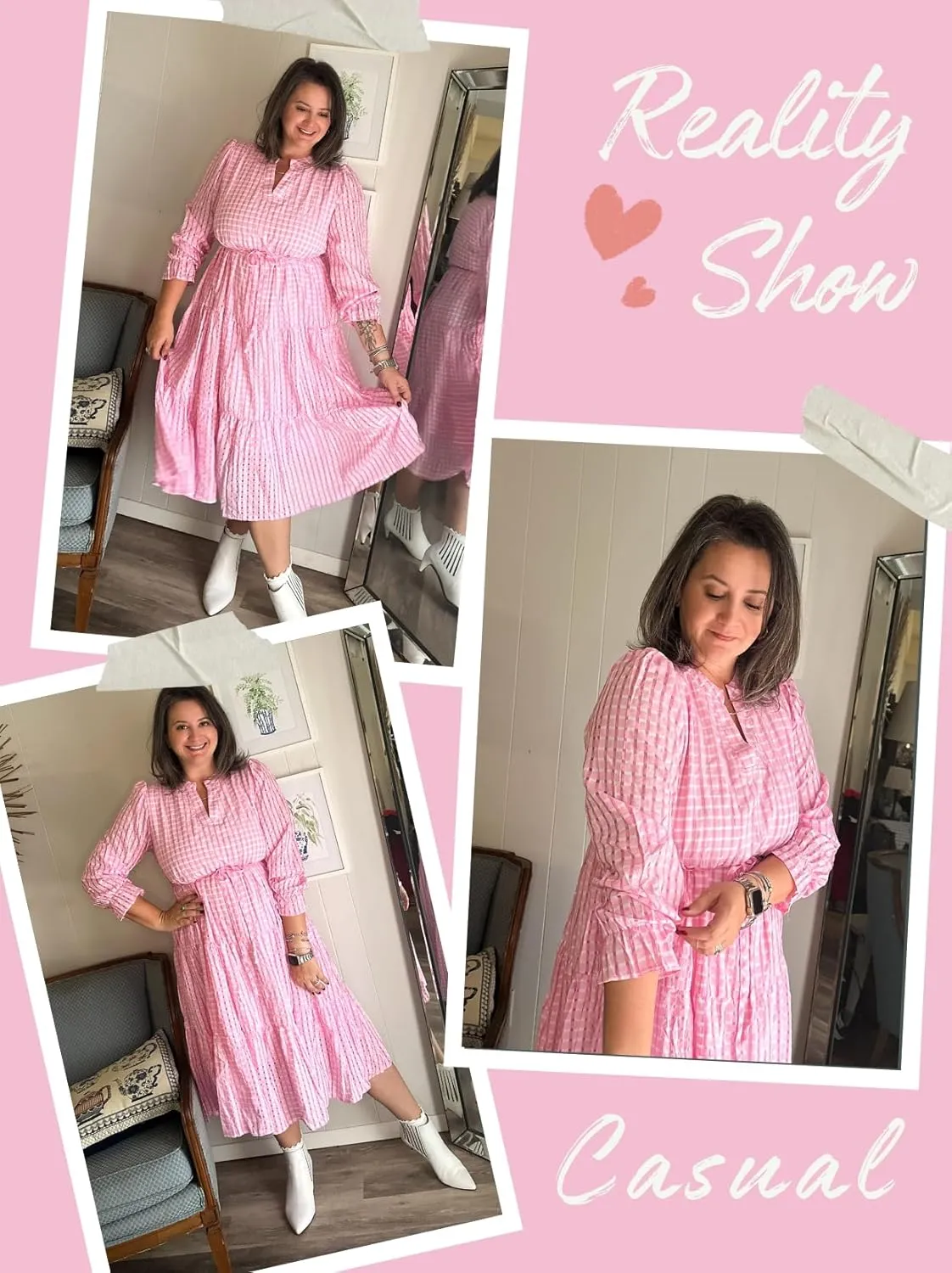 Theenkoln Womens Casual Midi Dress: Long Sleeve V-Neck Empire Waist Gingham Spring Fashion Long Trendy Tiered Formal Dresses
