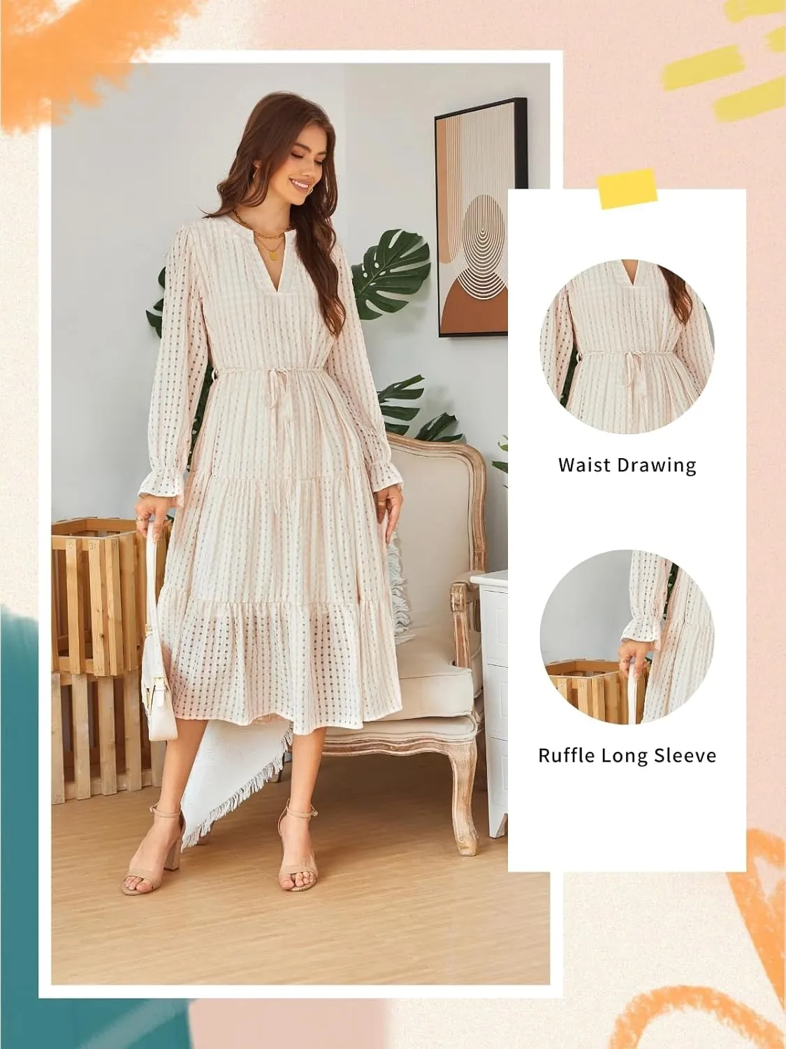 Theenkoln Womens Casual Midi Dress: Long Sleeve V-Neck Empire Waist Gingham Spring Fashion Long Trendy Tiered Formal Dresses