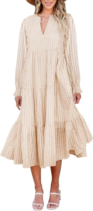 Theenkoln Womens Casual Midi Dress: Long Sleeve V-Neck Empire Waist Gingham Spring Fashion Long Trendy Tiered Formal Dresses