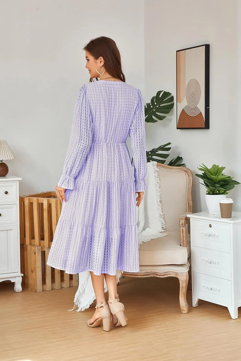 Theenkoln Womens Casual Midi Dress: Long Sleeve V-Neck Empire Waist Gingham Spring Fashion Long Trendy Tiered Formal Dresses