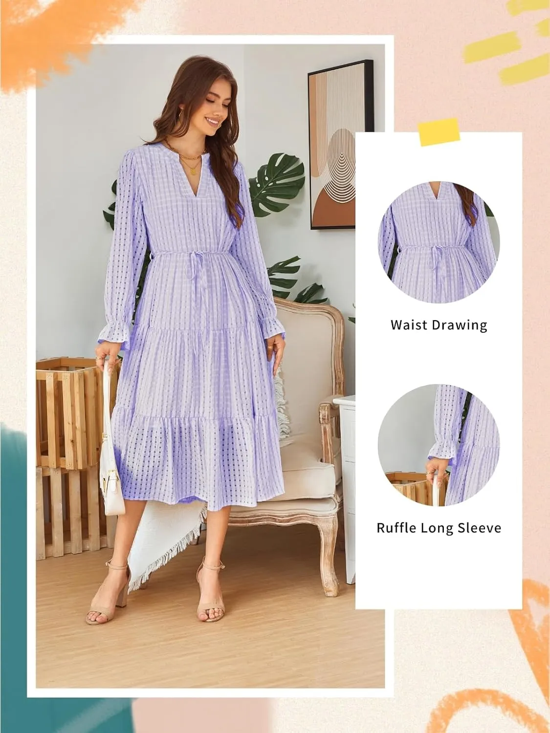 Theenkoln Womens Casual Midi Dress: Long Sleeve V-Neck Empire Waist Gingham Spring Fashion Long Trendy Tiered Formal Dresses