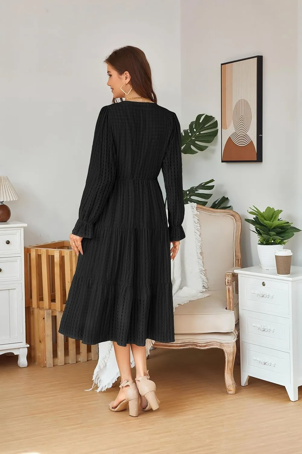 Theenkoln Womens Casual Midi Dress: Long Sleeve V-Neck Empire Waist Gingham Spring Fashion Long Trendy Tiered Formal Dresses