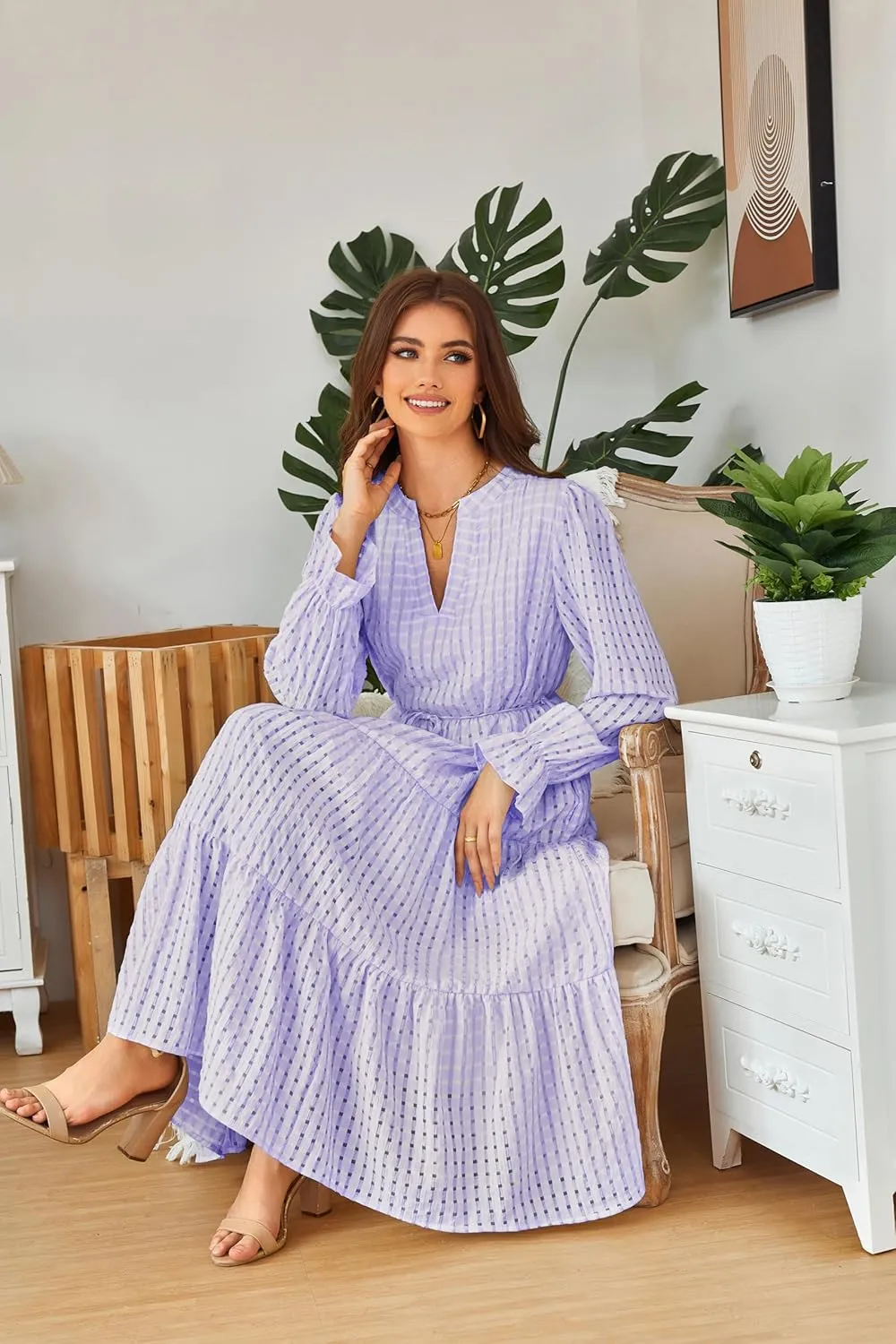 Theenkoln Womens Casual Midi Dress: Long Sleeve V-Neck Empire Waist Gingham Spring Fashion Long Trendy Tiered Formal Dresses