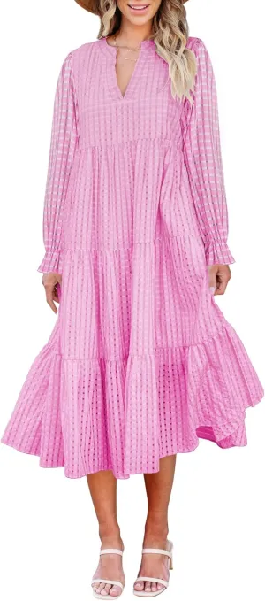 Theenkoln Womens Casual Midi Dress: Long Sleeve V-Neck Empire Waist Gingham Spring Fashion Long Trendy Tiered Formal Dresses