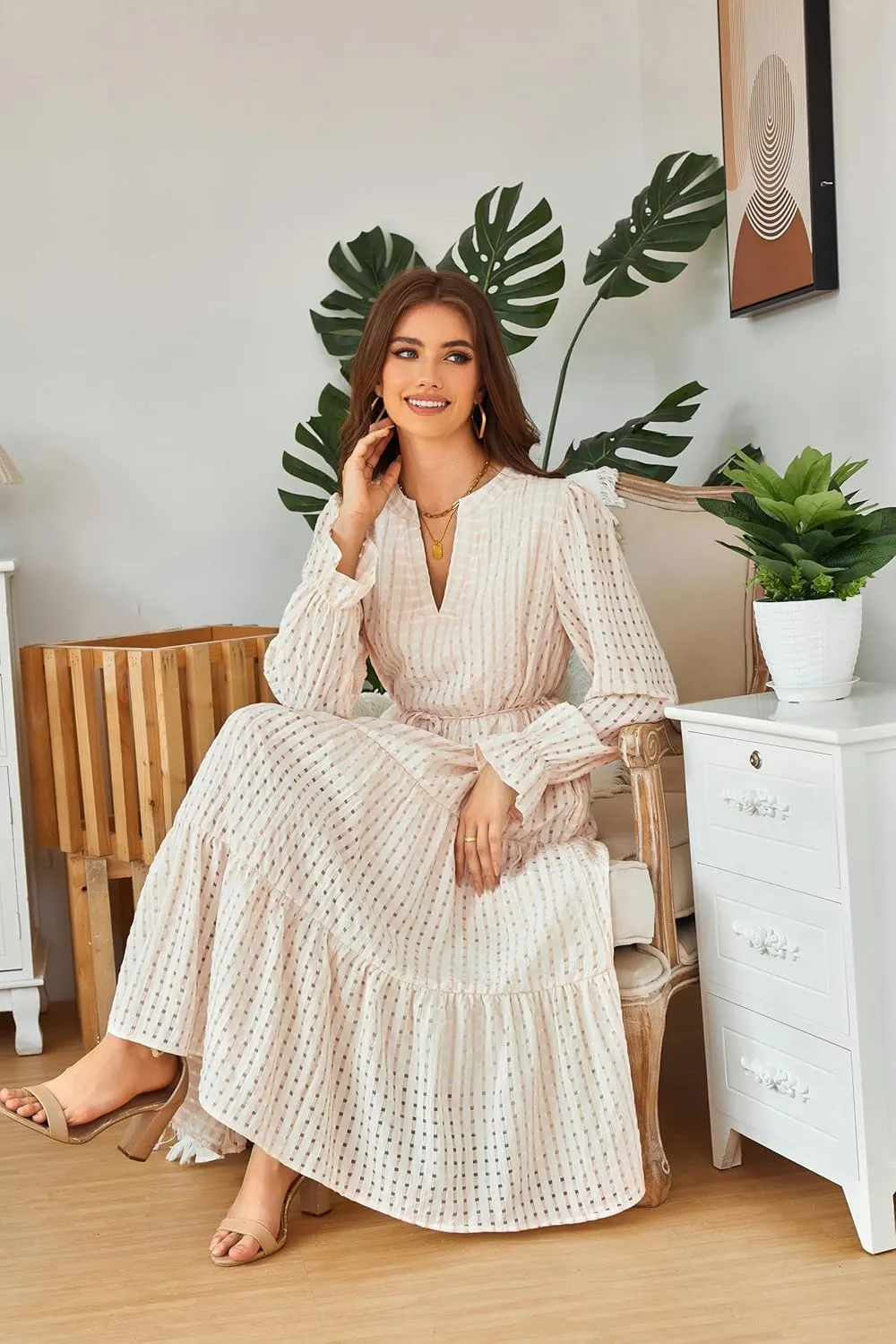 Theenkoln Womens Casual Midi Dress: Long Sleeve V-Neck Empire Waist Gingham Spring Fashion Long Trendy Tiered Formal Dresses