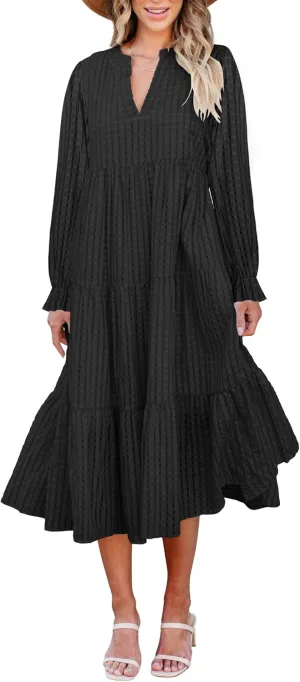 Theenkoln Womens Casual Midi Dress: Long Sleeve V-Neck Empire Waist Gingham Spring Fashion Long Trendy Tiered Formal Dresses