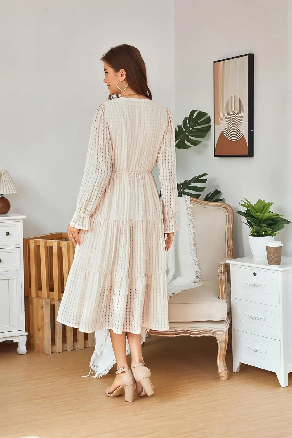 Theenkoln Womens Casual Midi Dress: Long Sleeve V-Neck Empire Waist Gingham Spring Fashion Long Trendy Tiered Formal Dresses
