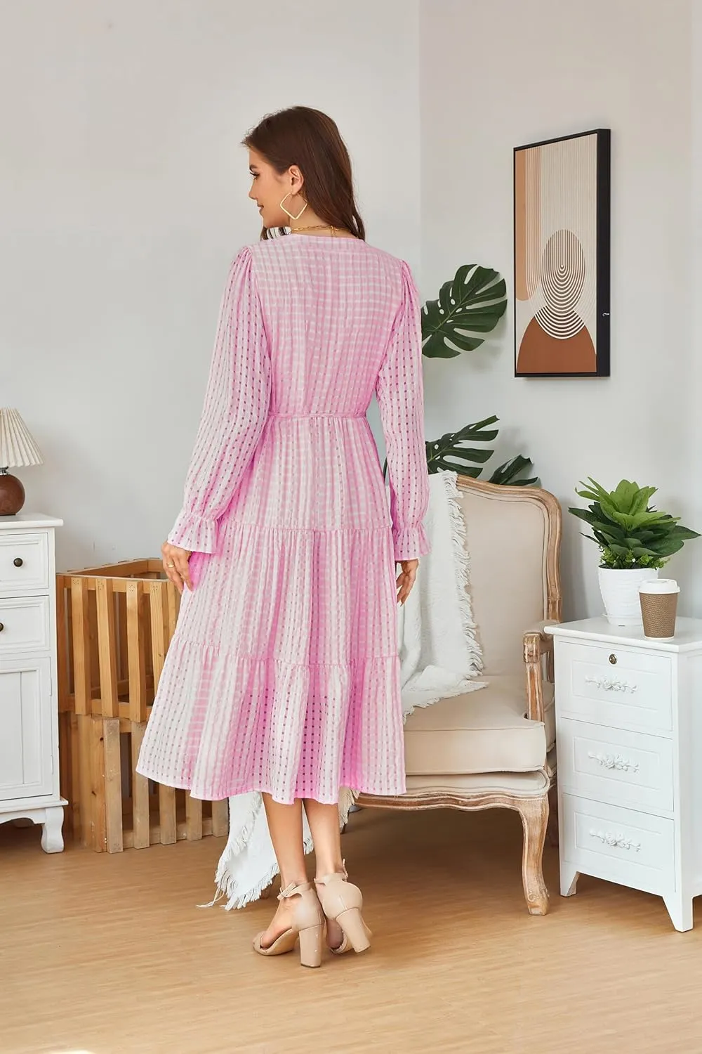 Theenkoln Womens Casual Midi Dress: Long Sleeve V-Neck Empire Waist Gingham Spring Fashion Long Trendy Tiered Formal Dresses