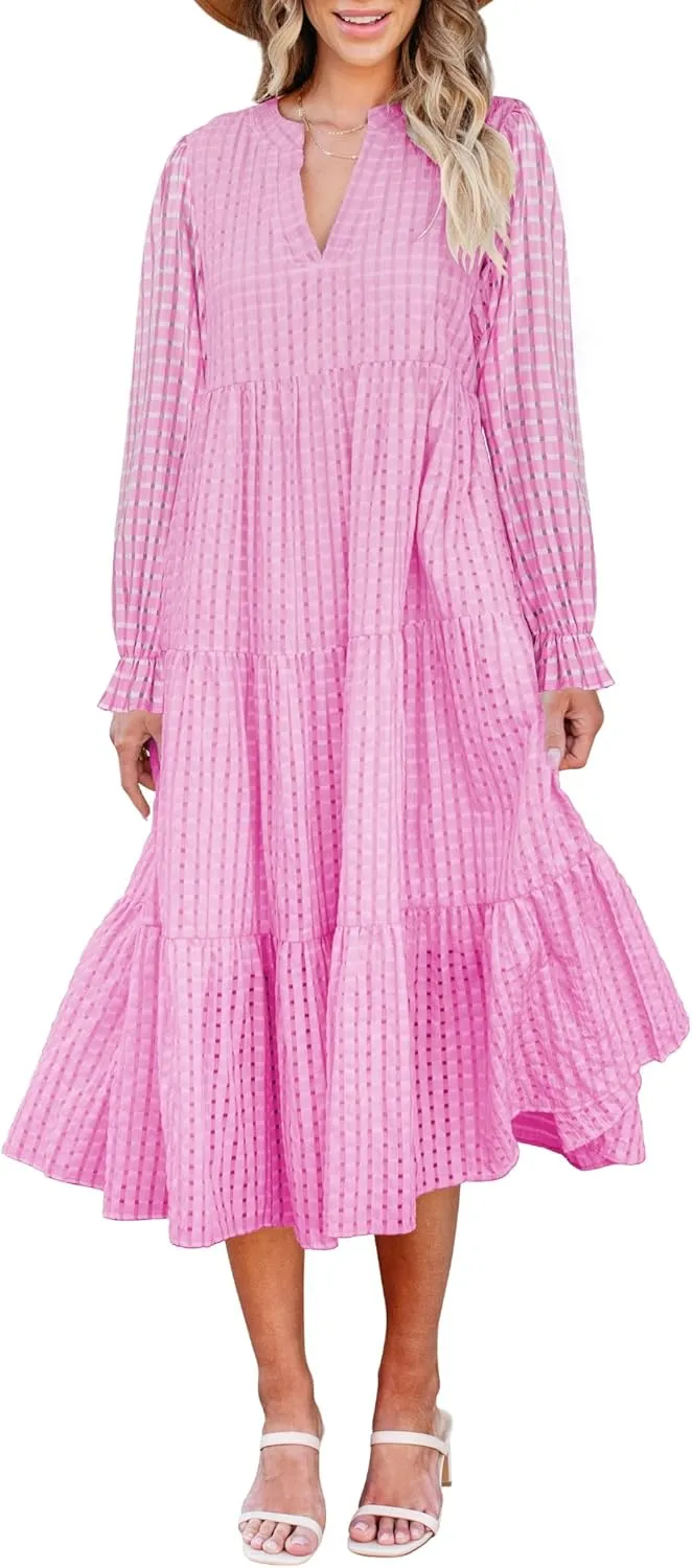 Theenkoln Womens Casual Midi Dress: Long Sleeve V-Neck Empire Waist Gingham Spring Fashion Long Trendy Tiered Formal Dresses