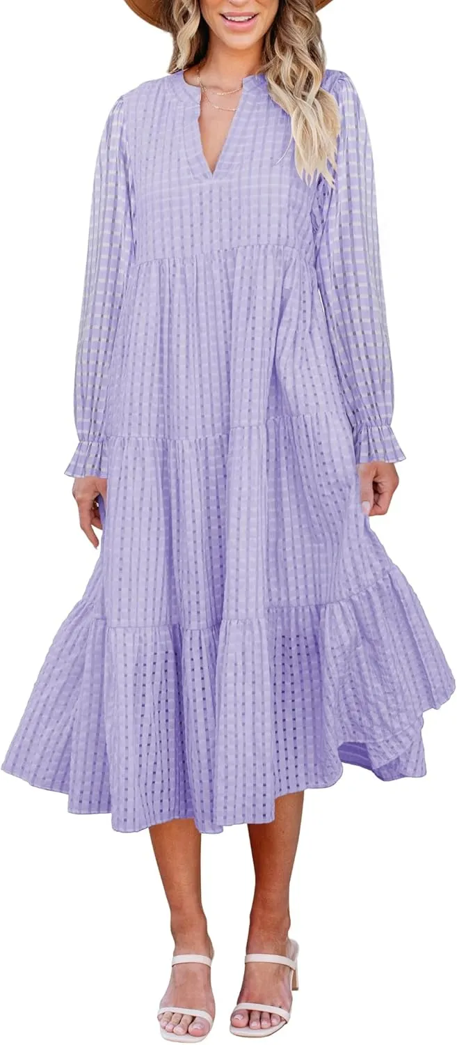 Theenkoln Womens Casual Midi Dress: Long Sleeve V-Neck Empire Waist Gingham Spring Fashion Long Trendy Tiered Formal Dresses