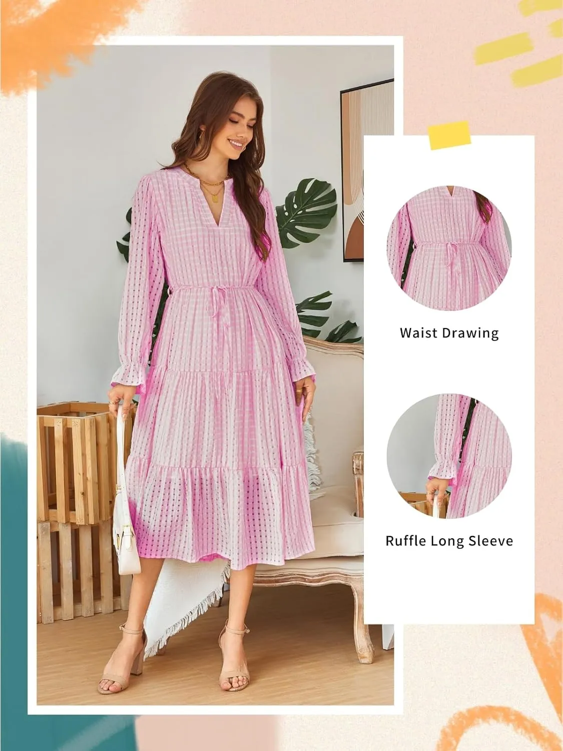 Theenkoln Womens Casual Midi Dress: Long Sleeve V-Neck Empire Waist Gingham Spring Fashion Long Trendy Tiered Formal Dresses