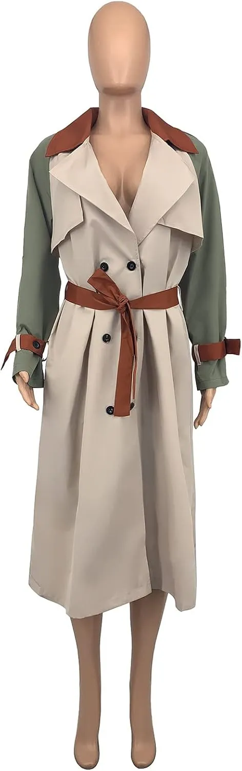 THLAI Women's Long Trench Coat Double Breasted Classic Lapel Overcoat Trenchcoat with Belt 2023 Winter Peacoat Outwear