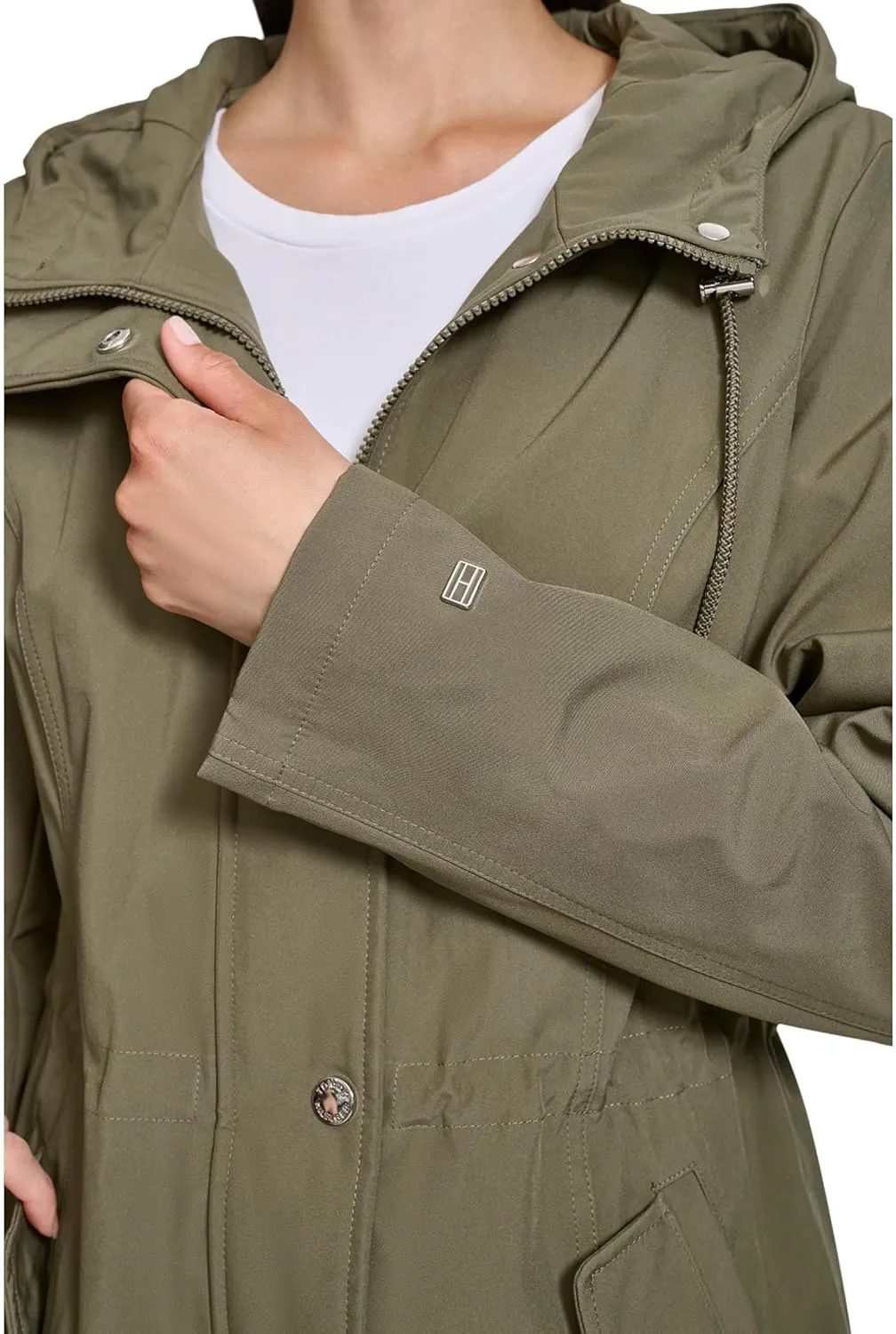 Tommy Hilfiger Women's Hooded Transitional Adjustable Waist Softshell Rain Coat