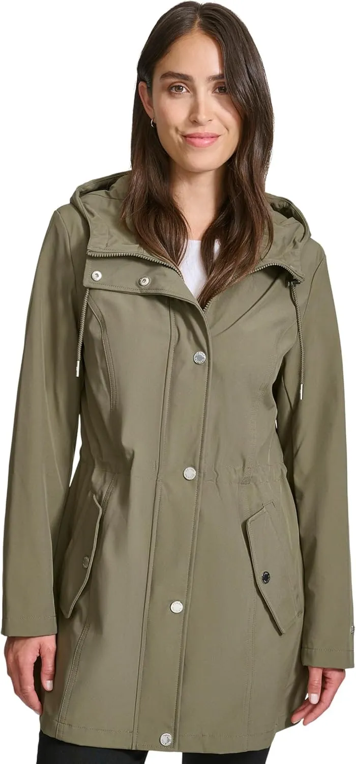 Tommy Hilfiger Women's Hooded Transitional Adjustable Waist Softshell Rain Coat