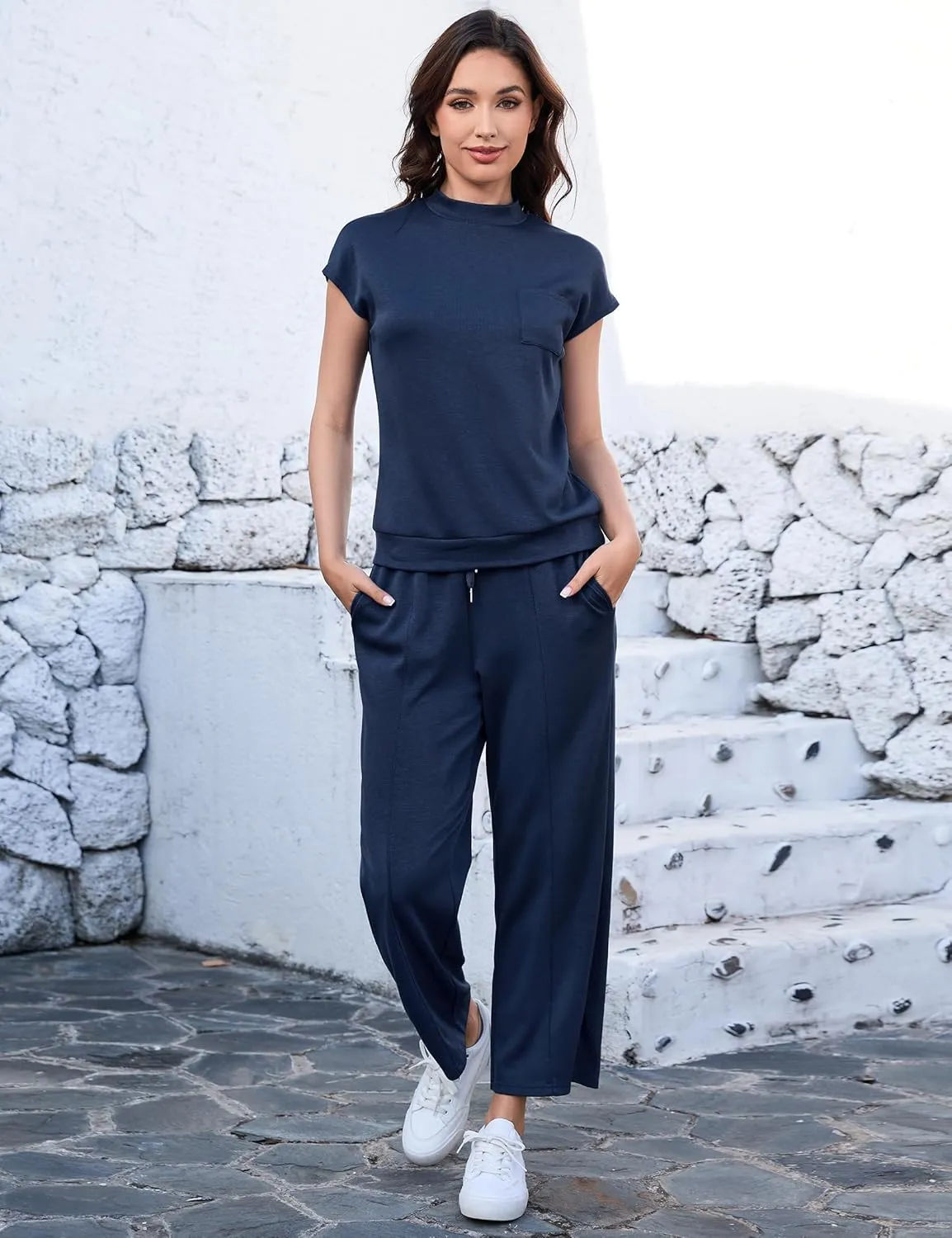 Totatuit Women's 2 Piece Lounge Set Summer Outfits Travel Airport Tracksuit Wide Leg Loungewear