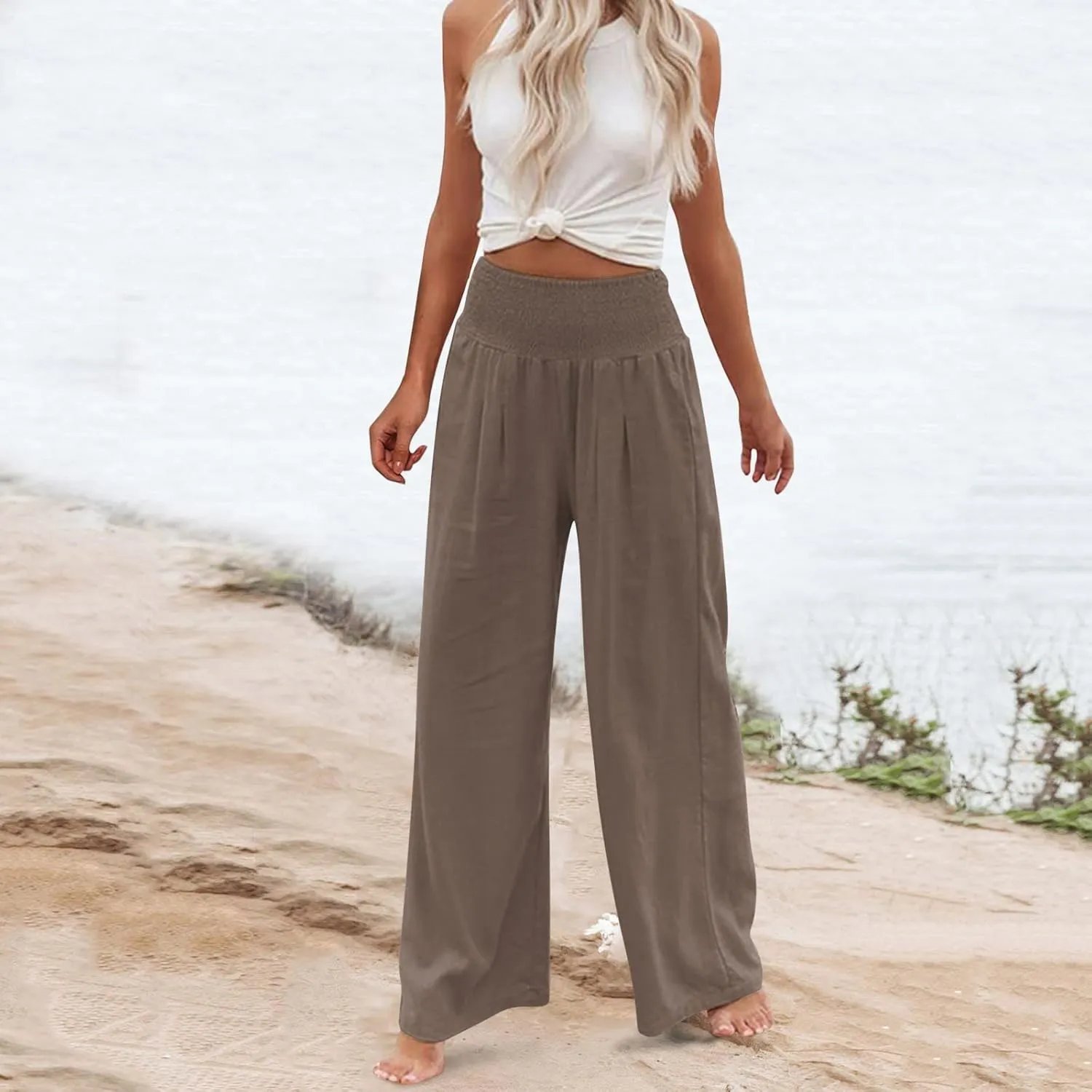 Tummy Control Women High Waisted Lounge Pants Casual Wide Leg Boho Trouser Summer Drawstring Sweatpants with Pocket