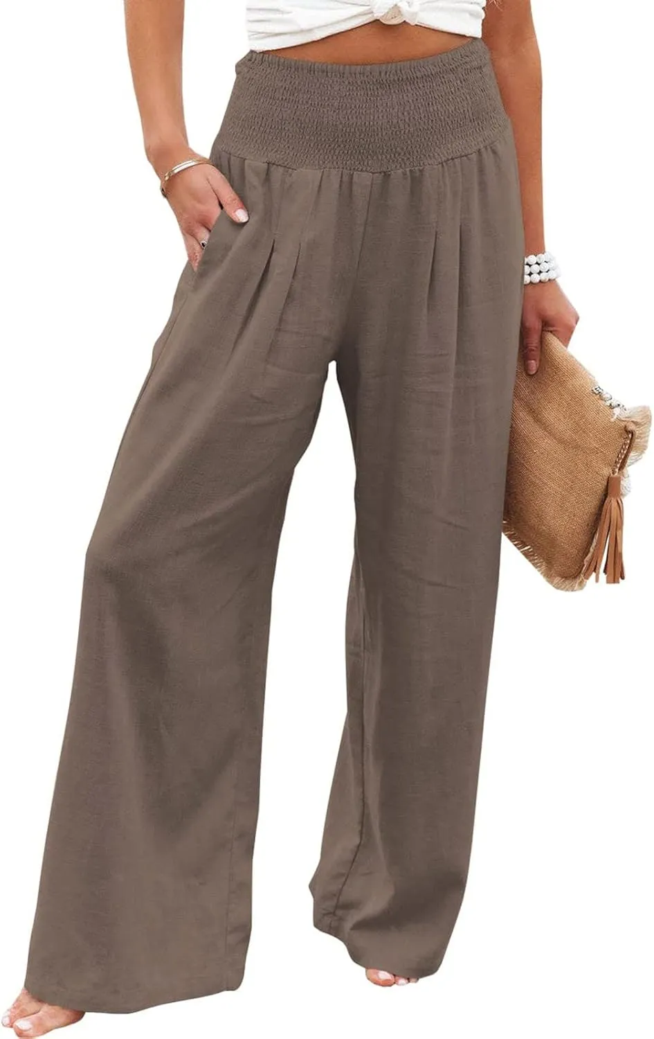 Tummy Control Women High Waisted Lounge Pants Casual Wide Leg Boho Trouser Summer Drawstring Sweatpants with Pocket
