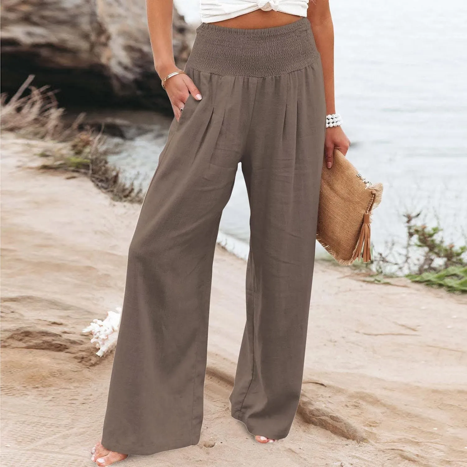 Tummy Control Women High Waisted Lounge Pants Casual Wide Leg Boho Trouser Summer Drawstring Sweatpants with Pocket